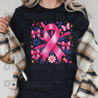 Breast Cancer DTF Transfer Ready to Press Pink Ribbon Bows Butterfly Flowers Awareness Heat Transfer Tee Print Direct to Film