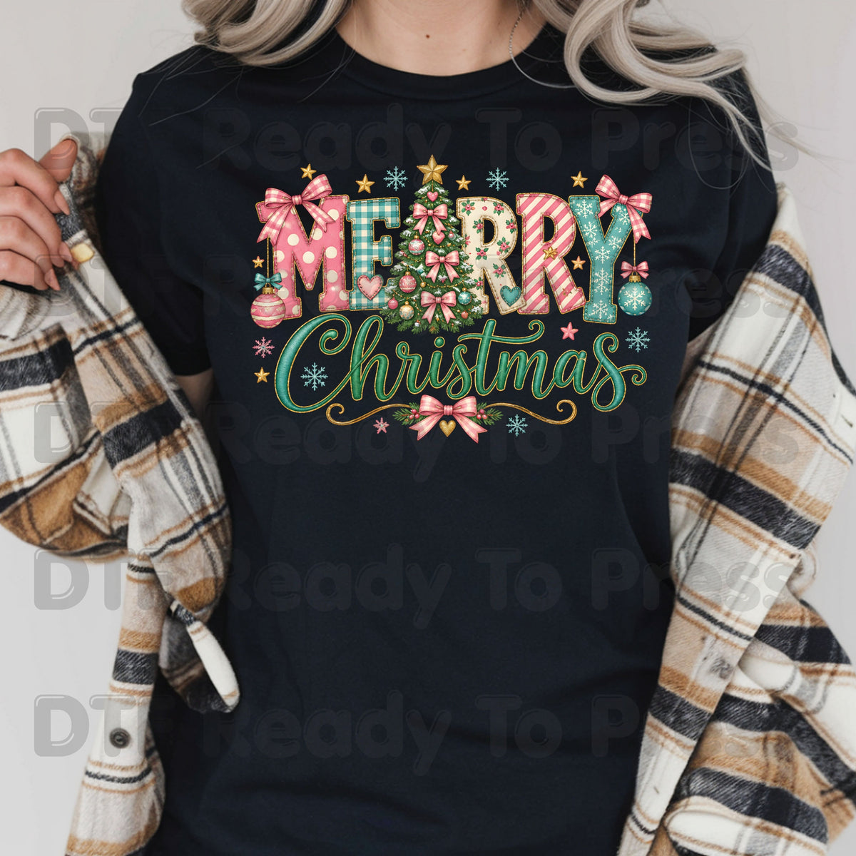 Christmas DTF Transfer, Merry Christmas Tree with Pastel Pink Bows