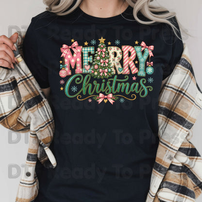 Christmas DTF Transfer, Merry Christmas Tree with Pastel Pink Bows