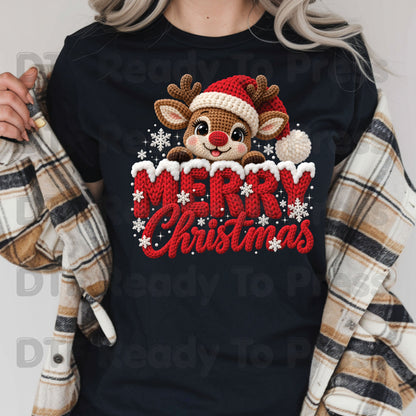 Christmas DTF Transfer, Cute Reindeer Santa Hat, Knitted Letters