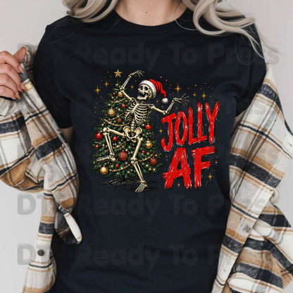 Jolly AF Skeleton DTF Transfers, Santa Hat Christmas Tree Funny Holiday Ready to Press