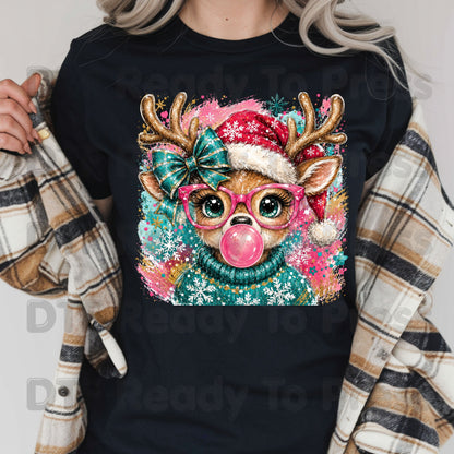 Christmas Reindeer DTF Transfers, Pink Glasses Bubblegum Deer Santa Hat Cute Ready to Press