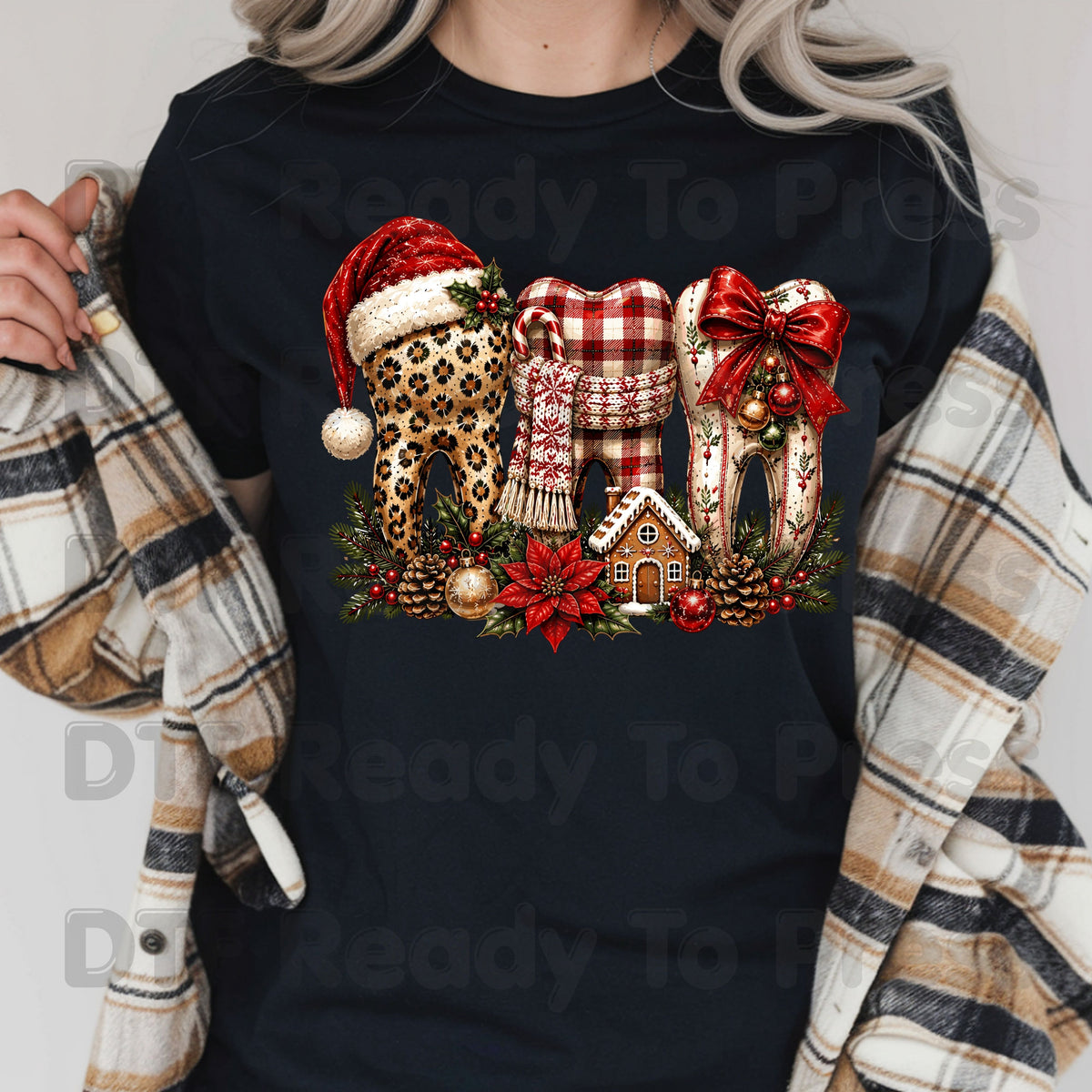 Christmas Dental Teeth DTF Transfers, Dentist Holiday Leopard Plaid Bow Ready to Press