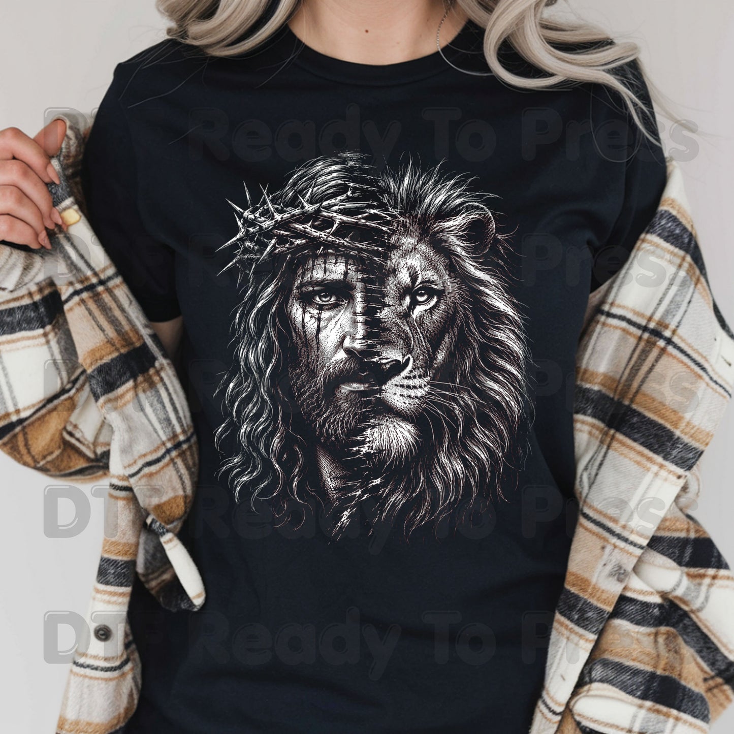 Lion and Jesus DTF Transfers, Lion of Judah Crown of Thorns Christian Faith Sketch Ready to Press