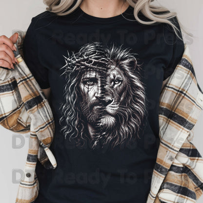 Lion and Jesus DTF Transfers, Lion of Judah Crown of Thorns Christian Faith Sketch Ready to Press