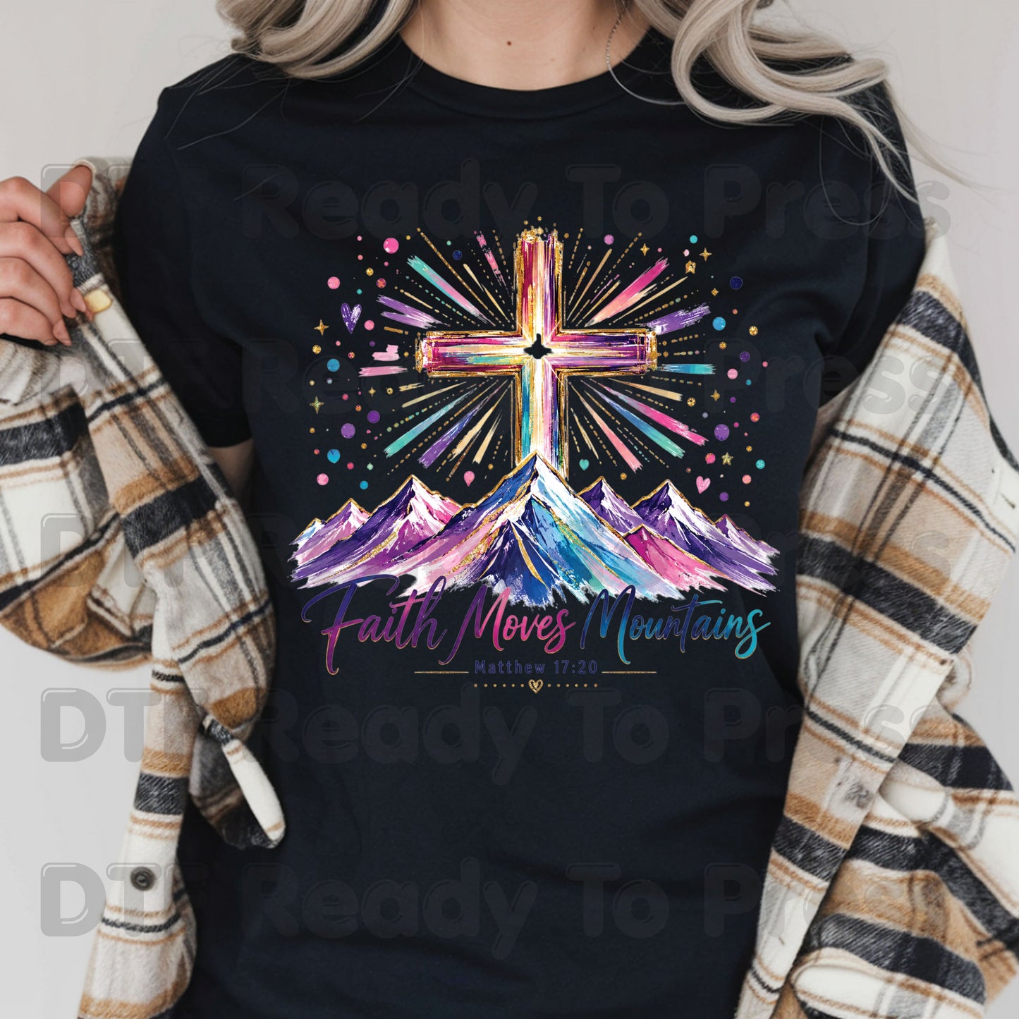 Faith Moves Mountains Religious DTF Transfer Ready to Press Christian Heat Transfer for Shirts Colorful Mountains Cross Matthew 17:20 Tee