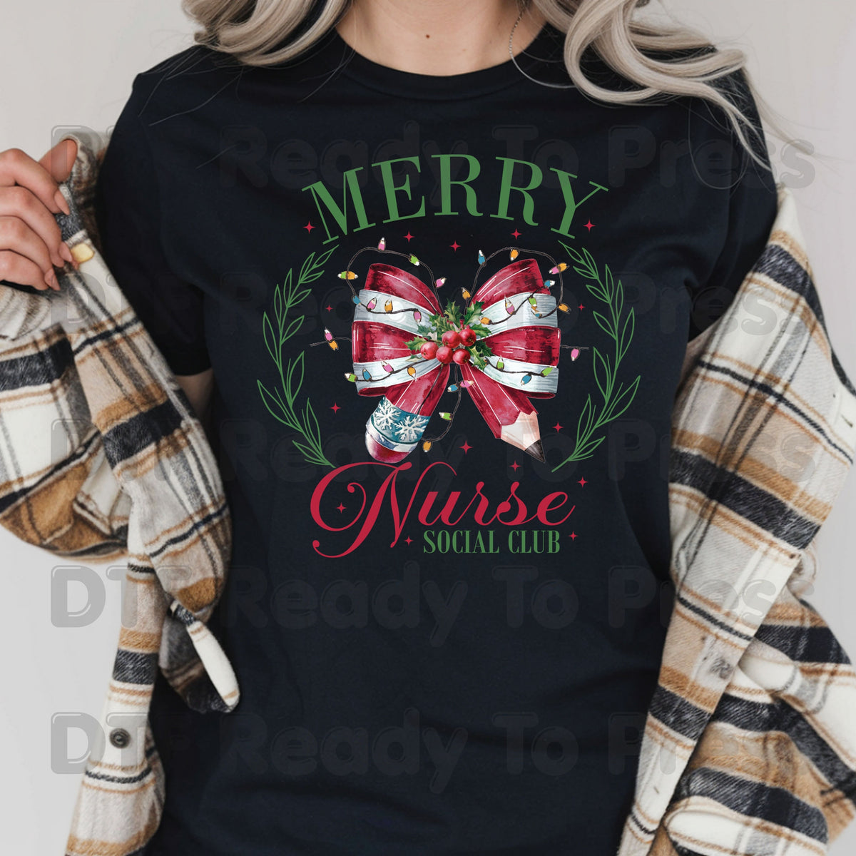 Merry Nurse Social Club DTF Transfers, Christmas Medical Coquette Bow Holiday Lights Nurse Ready to Press