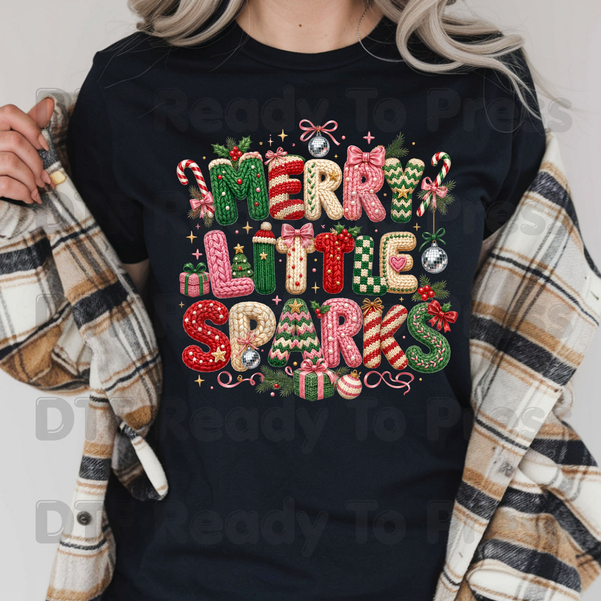 Merry Little Sparks DTF Transfers, Christmas Cable Knit Bow Disco Holiday Ready to Press