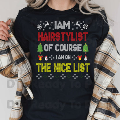 Christmas Hairstylist DTF Transfers, On the Nice List Salon Tree Sweater Holiday Ready to Press