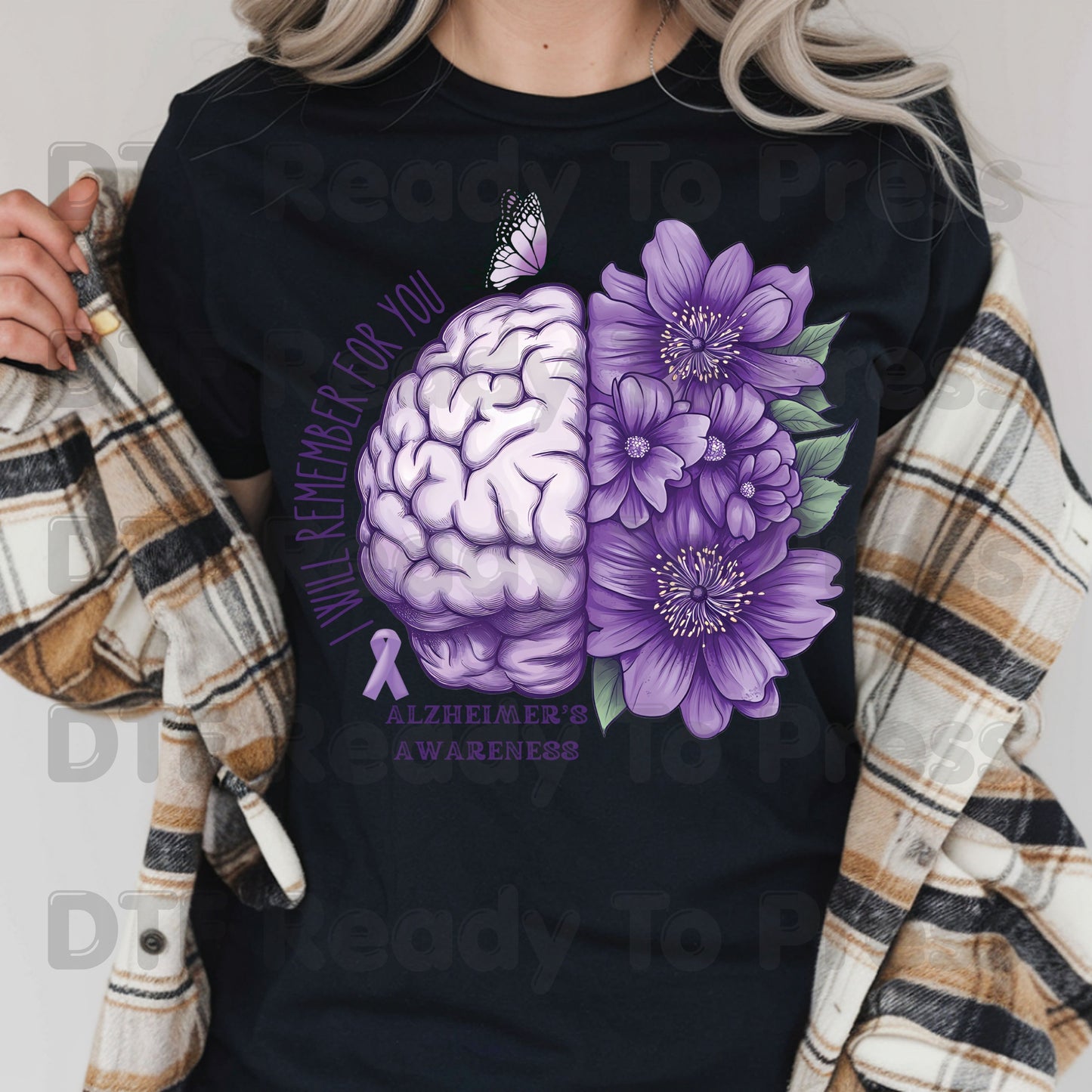 Alzheimers Awareness DTF Transfer Ready to Press I Will Remember For You Brain Purple Flowers Heat Transfer Tee Direct to Film