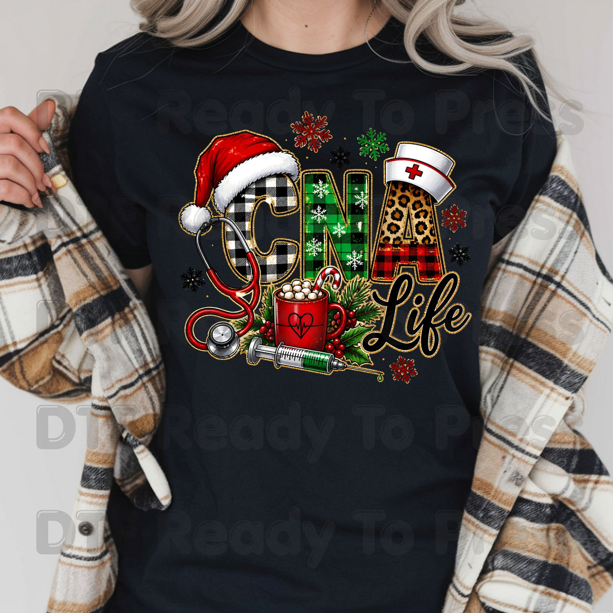 Christmas CNA Life DTF Transfers, Nursing Medical Leopard Plaid Stethoscope Holiday Ready to Press