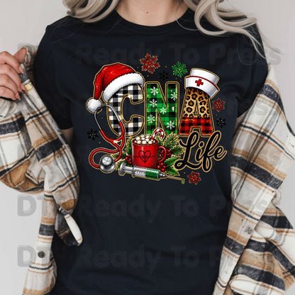 Christmas CNA Life DTF Transfers, Nursing Medical Leopard Plaid Stethoscope Holiday Ready to Press