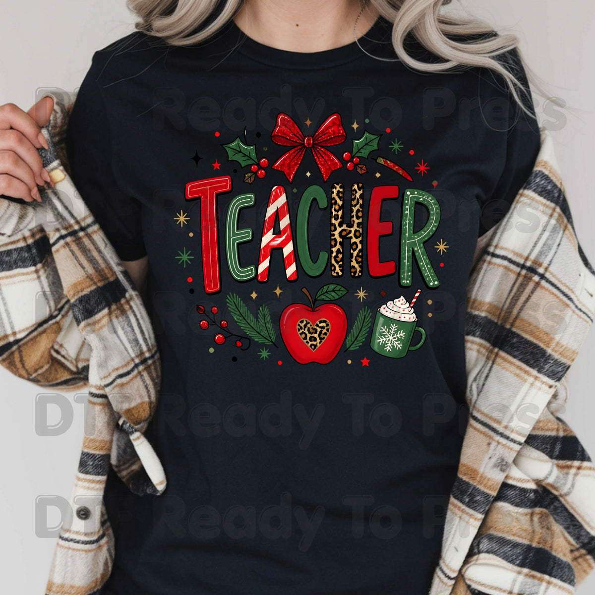 Christmas Teacher DTF Transfers, School Red Bow Apple Cocoa Leopard Holiday Ready to Press
