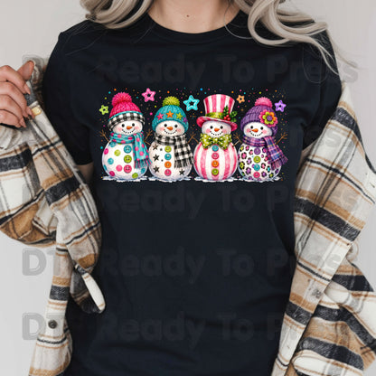 Christmas Colorful Snowmen DTF Transfers, Cute Winter Snowman Beanies Scarves Holiday Ready to Press