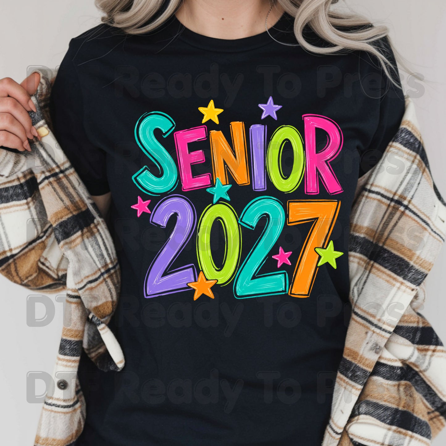 Senior 2027 DTF Transfers, Colorful Stars Graduation High School Class of 2027 Ready to Press