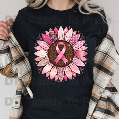 Pink Sunflower Breast Cancer Awareness DTF Transfer Ready to Press Heat Transfer Ribbon Tee