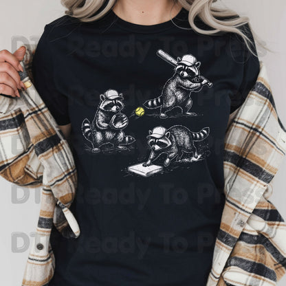 Baseball DTF Transfer, Raccoons Playing Baseball with Yellow Ball Graphic