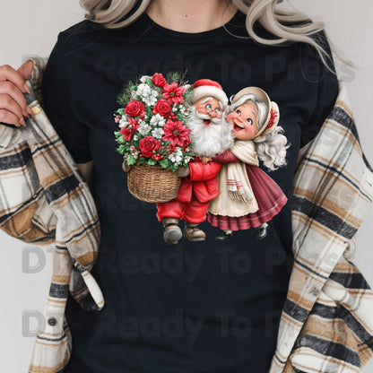 Santa Mrs Claus DTF Transfers, Vintage Christmas Couple Flowers Holiday Ready to Press