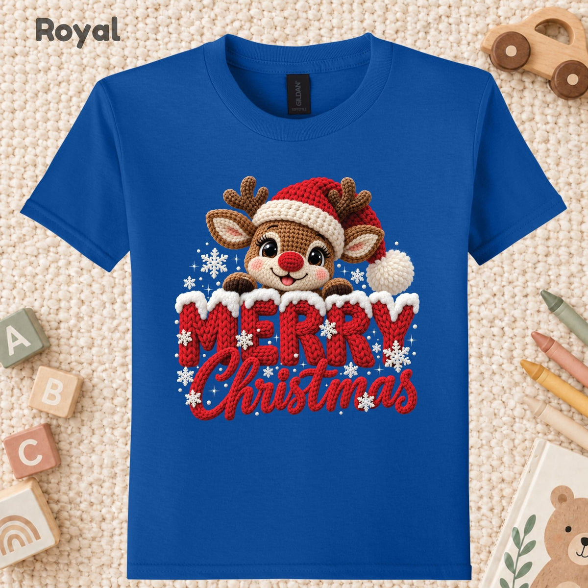 Cute Reindeer Christmas T-Shirt, Santa Hat Knitted Lettering Tee, Cozy Holiday Sweatshirt