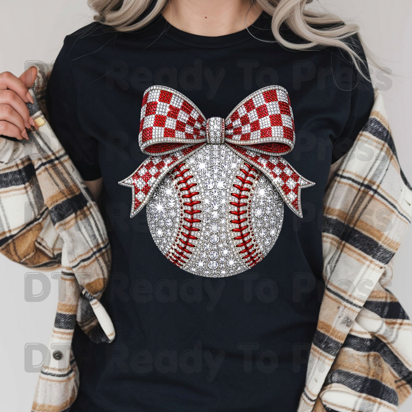 Coquette Baseball DTF Transfers, Sparkle Baseball Red Checkered Bow Sports Mom Girl Ready to Press