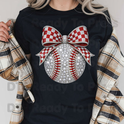 Coquette Baseball DTF Transfers, Sparkle Baseball Red Checkered Bow Sports Mom Girl Ready to Press
