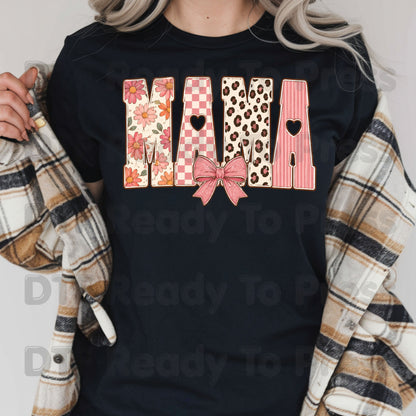 Mama DTF Transfers, Pink Daisy Floral Leopard Coquette Bow Retro Ready to Press