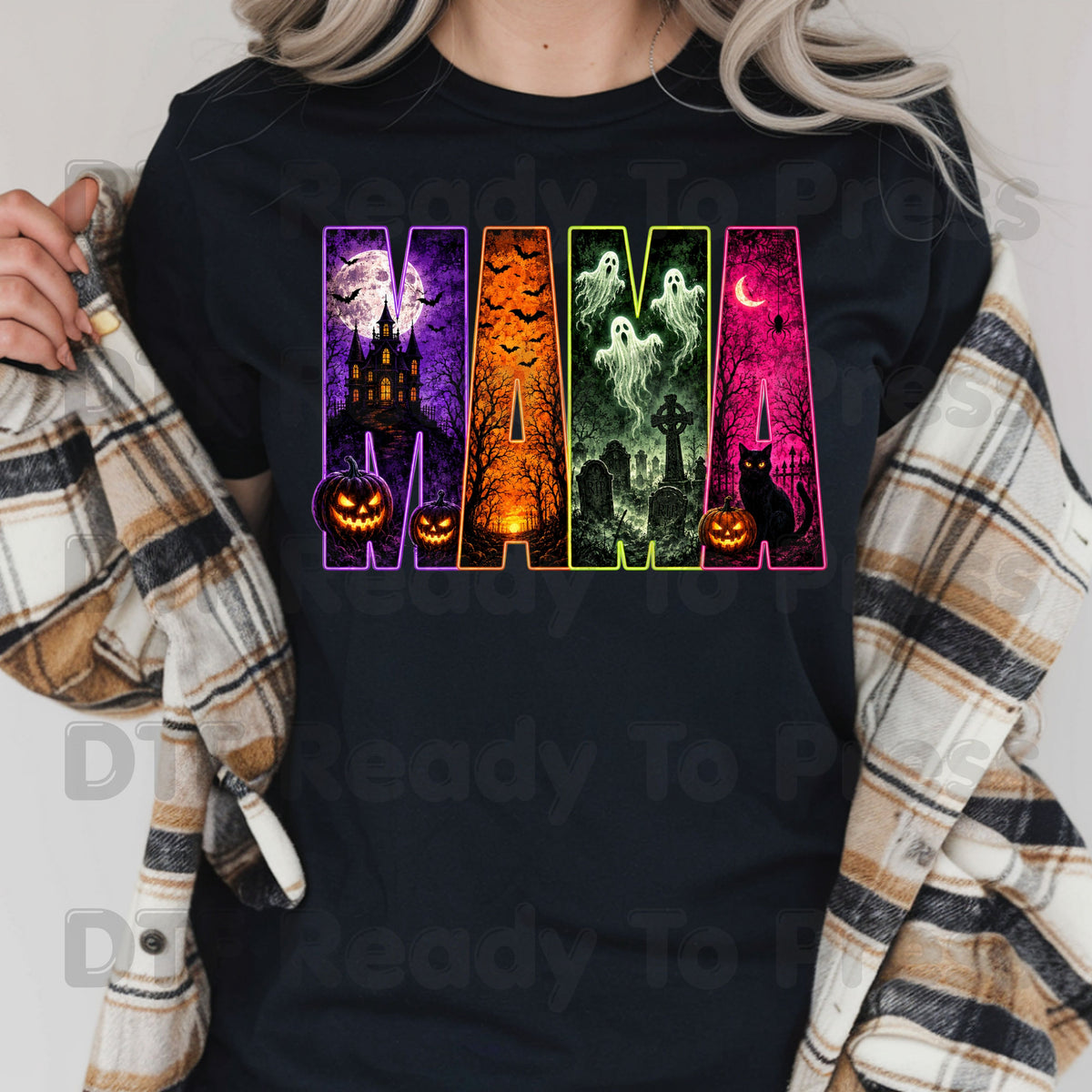 Halloween Mama DTF Transfers, Neon Haunted House Ghost Pumpkin Spooky Ready to Press