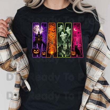 Halloween Mama DTF Transfers, Neon Haunted House Ghost Pumpkin Spooky Ready to Press