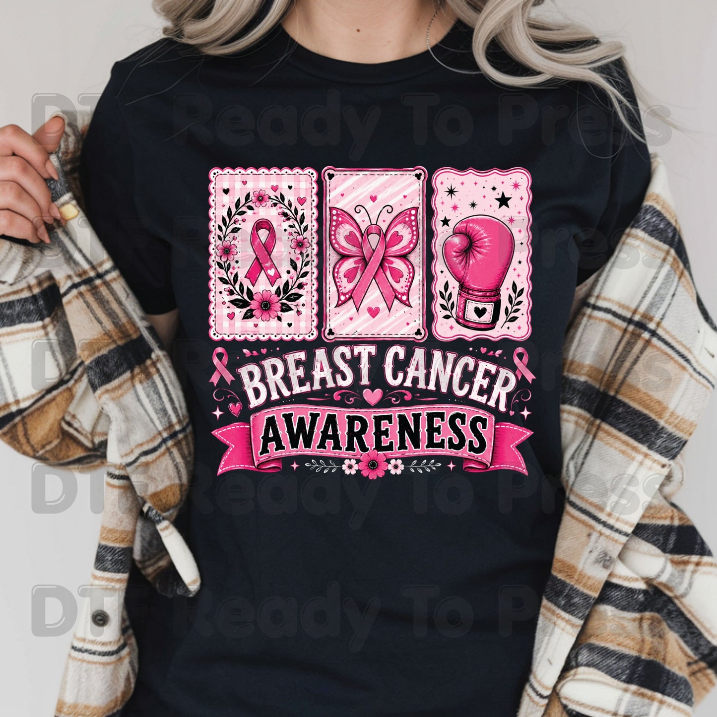 Breast Cancer DTF Transfer Ready to Press Pink Cards Ribbon Butterfly Boxing Glove Heat Transfer Tee Print Direct to Film