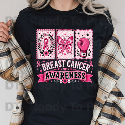 Breast Cancer DTF Transfer Ready to Press Pink Cards Ribbon Butterfly Boxing Glove Heat Transfer Tee Print Direct to Film