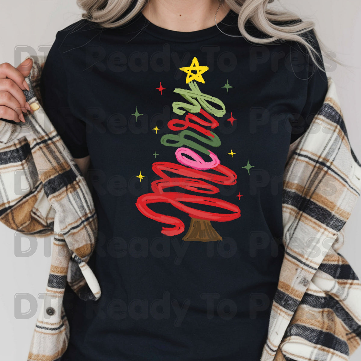 Christmas DTF Transfer, Merry Christmas Tree Script, Sparkles