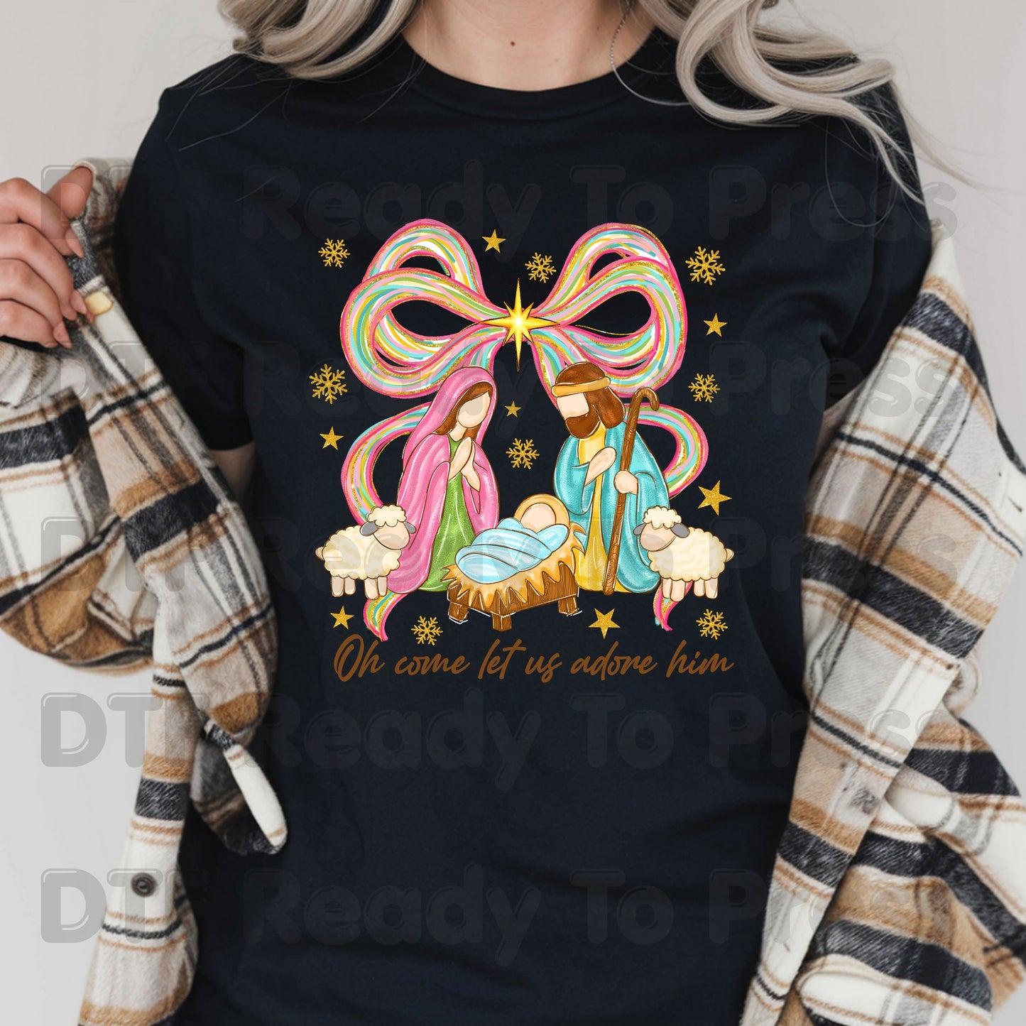 Christian Nativity Oh Come Let Us Adore Him DTF Transfer Ready to Press Nativity Scene Heat Transfer For Shirts Colorful Christmas Bow Christian Jesus Print