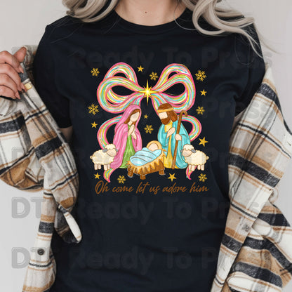Christian Nativity Oh Come Let Us Adore Him DTF Transfer Ready to Press Nativity Scene Heat Transfer For Shirts Colorful Christmas Bow Christian Jesus Print