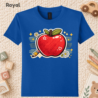 Teacher Retro Red Apple Pencil T-Shirt, Cute Daisy Sparkle Back to School Tee