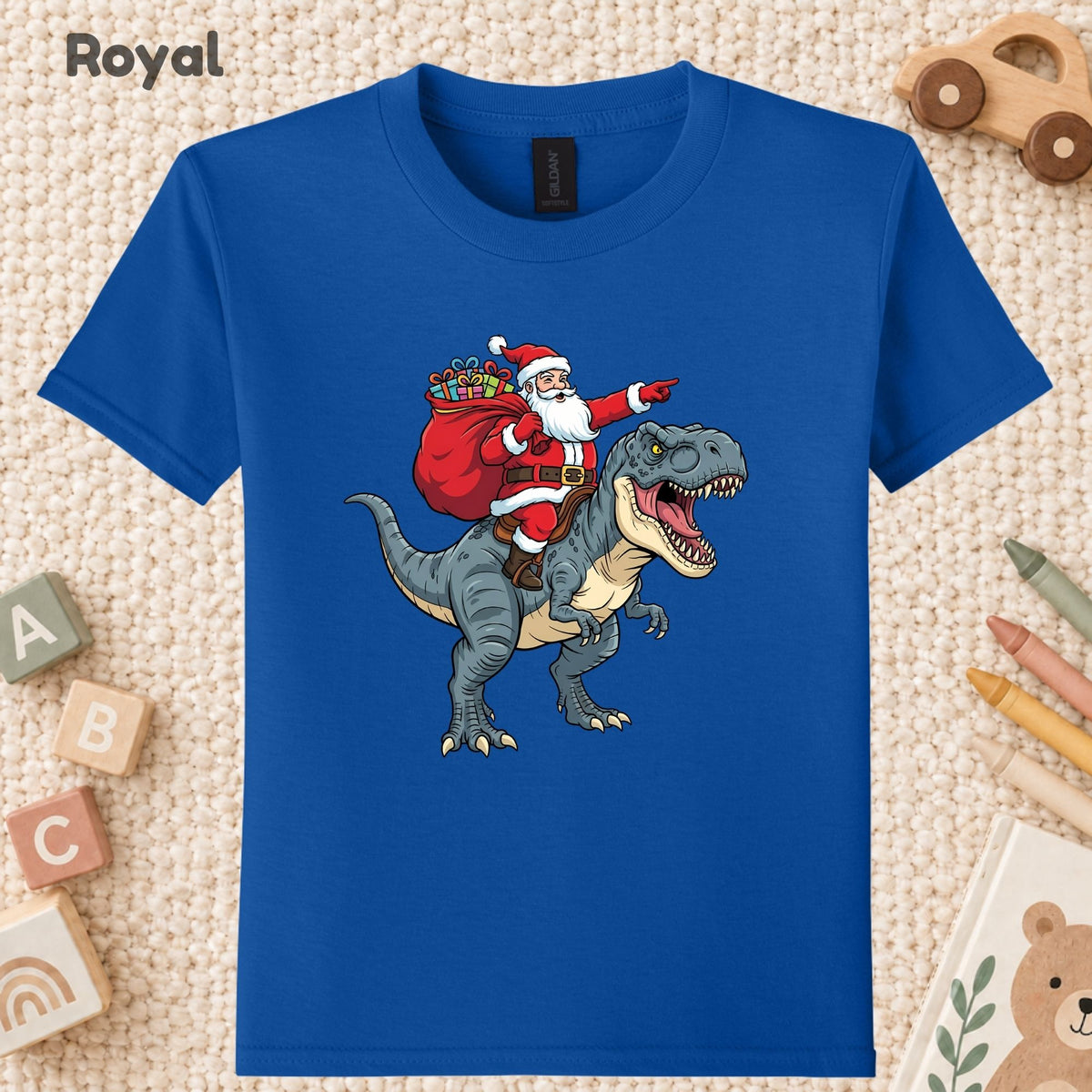 Santa Riding T-Rex Christmas T-Shirt, Funny Dinosaur Xmas Graphic Kids Tee