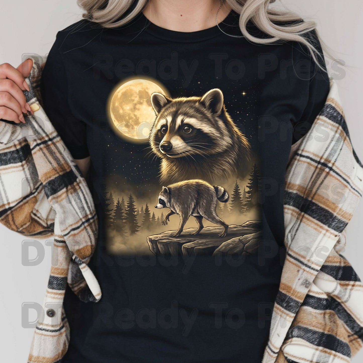Vintage Raccoon Full Moon DTF Transfers, Forest Wildlife Trash Panda Outdoor Ready to Press