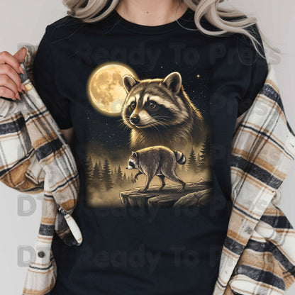 Vintage Raccoon Full Moon DTF Transfers, Forest Wildlife Trash Panda Outdoor Ready to Press