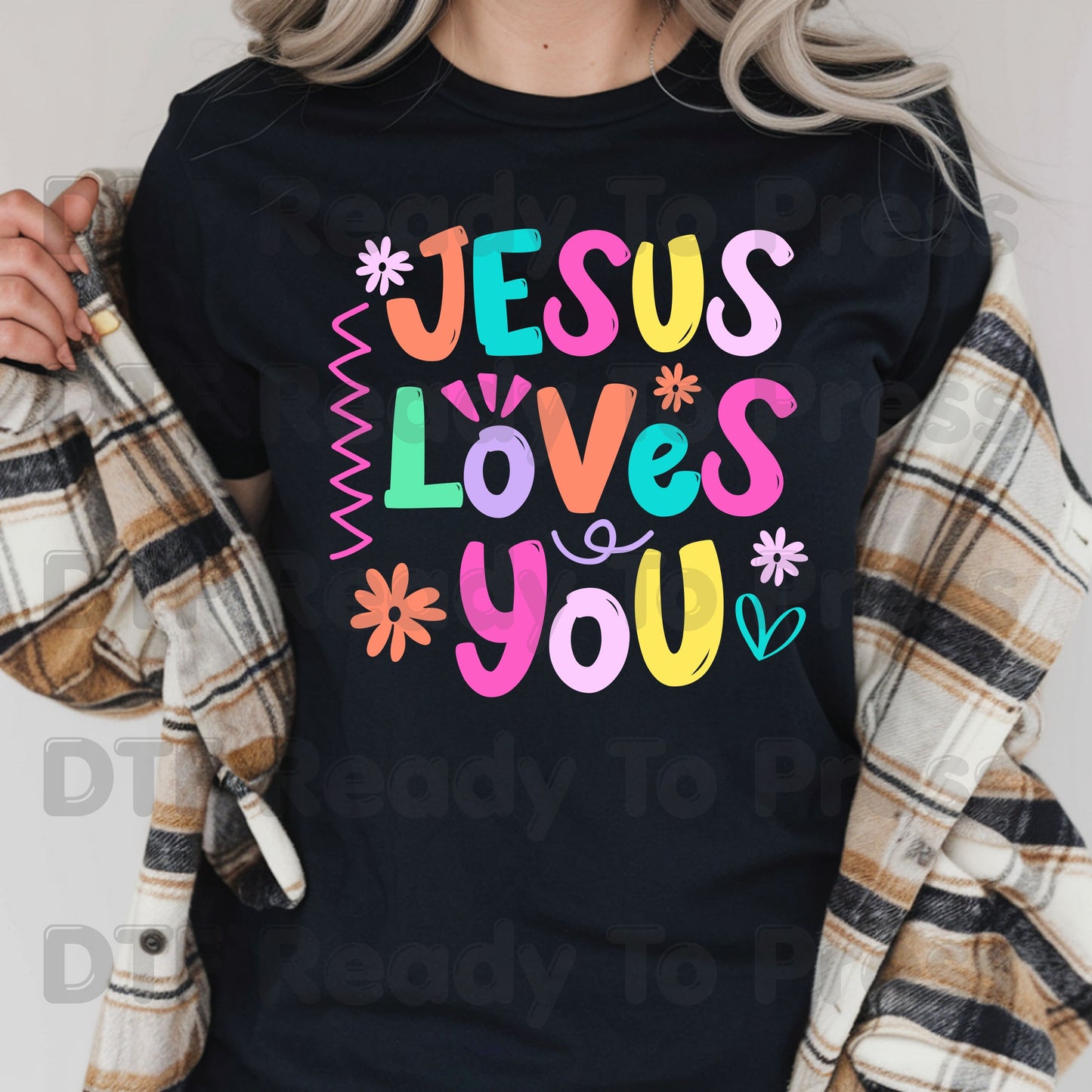 Jesus Loves You DTF Transfer Ready to Press Colorful Christian Heat Transfer For Shirts Retro Bright Faith Pastel Flower Graphic Print