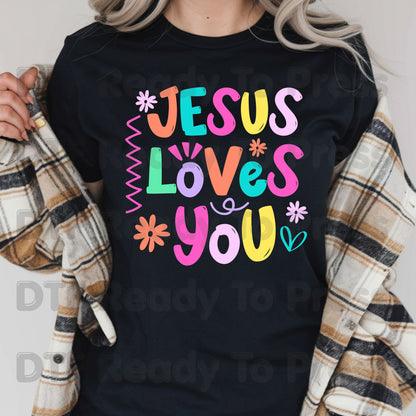 Jesus Loves You DTF Transfer Ready to Press Colorful Christian Heat Transfer For Shirts Retro Bright Faith Pastel Flower Graphic Print