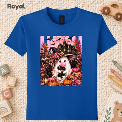 Pink Ghost Halloween T-Shirt, Witch Ghost Bubble Gum Black Cat Spooky Cute Tee for Toddler and Kids