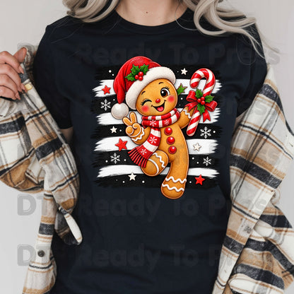 Gingerbread Man DTF Transfers, Candy Cane Santa Hat Black White Stripes Cute Christmas Ready to Press