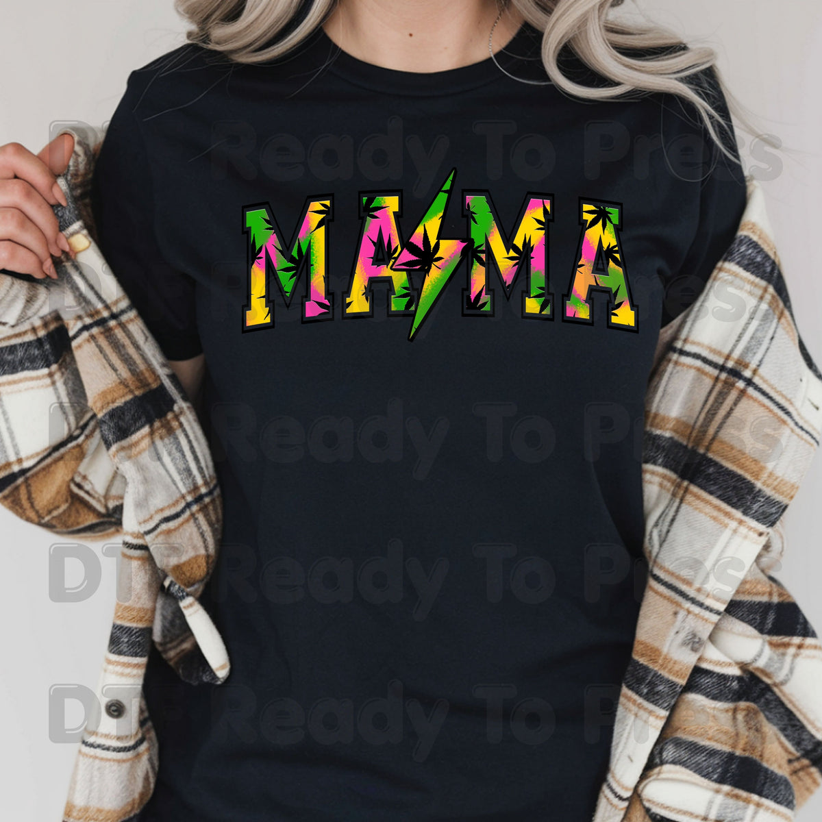 Mama DTF Transfers, Weed Leaf Lightning Bolt Colorful Tie Dye Retro Mama Ready to Press