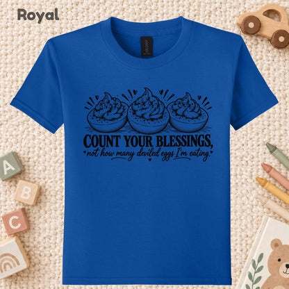 Thanksgiving T-Shirt, Count Your Blessings Deviled Eggs Graphic Tee, Funny Fall Holiday Shirt