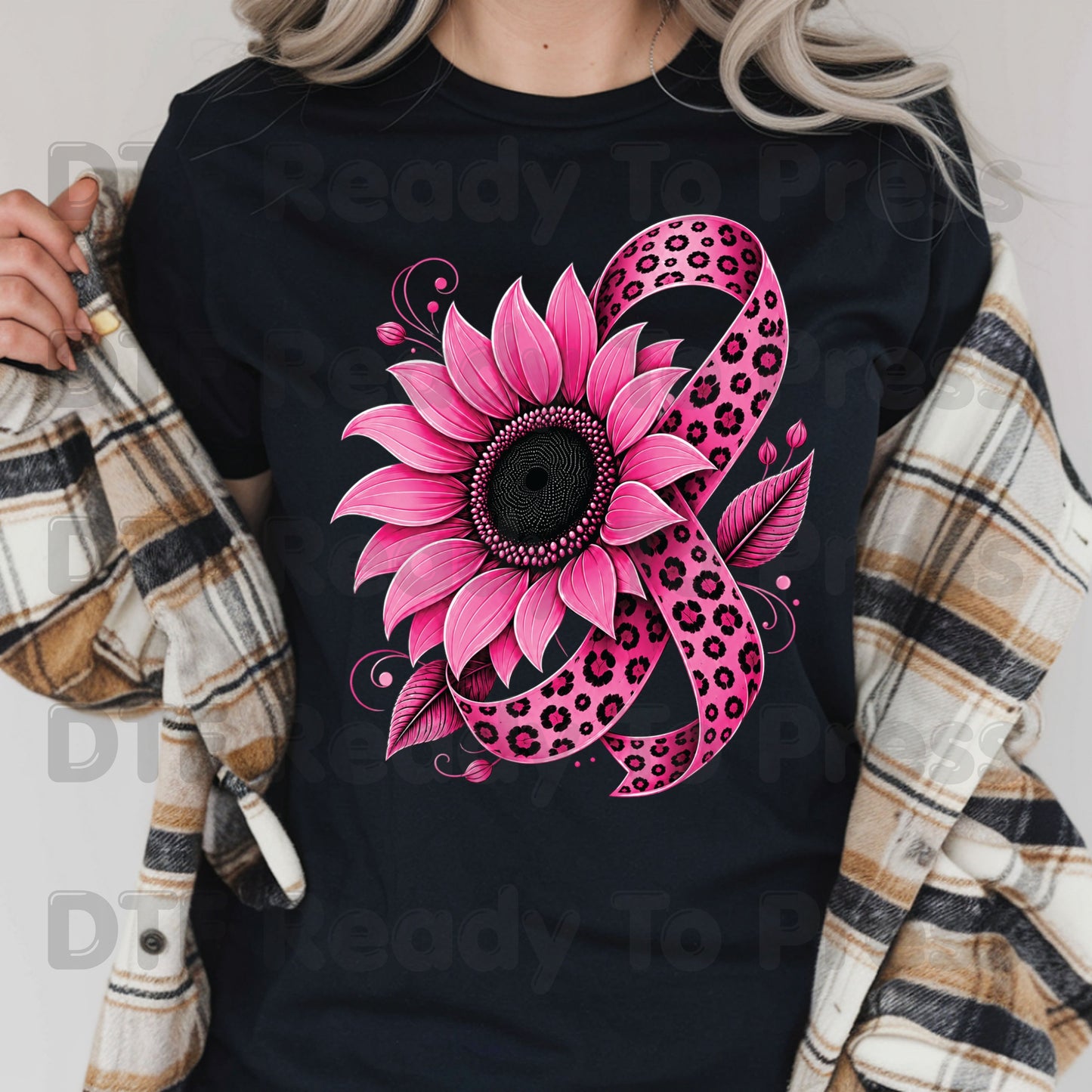 Pink Sunflower Leopard Ribbon Breast Cancer Awareness DTF Transfer Ready to Press Heat Transfer Survivor Tee