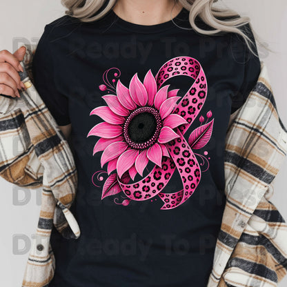 Pink Sunflower Leopard Ribbon Breast Cancer Awareness DTF Transfer Ready to Press Heat Transfer Survivor Tee