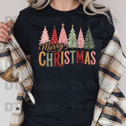 Christmas DTF Transfer, Colorful Christmas Trees, Gold Script