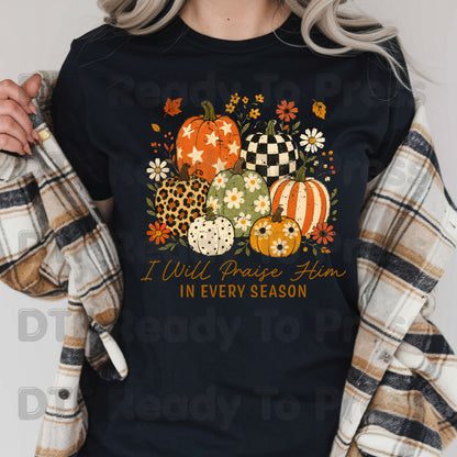 Halloween I Will Praise Him In Every Season DTF Transfer Ready to Press Fall Pumpkin Heat Transfer For Shirts Floral Leopard Retro Print