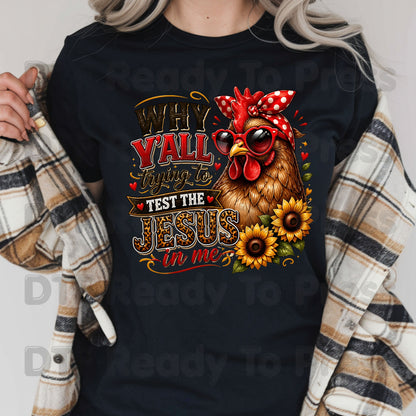 Test the Jesus in Me DTF Transfers, Funny Chicken Bandana Country Christian Quote Ready to Press