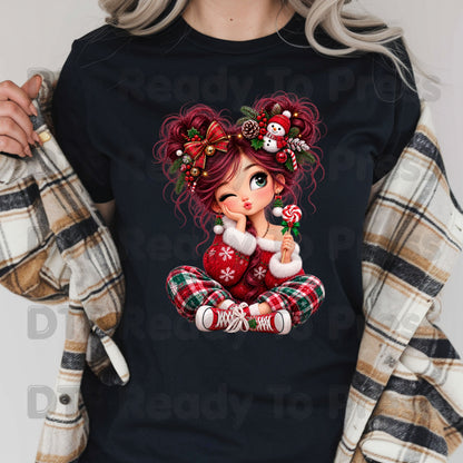Christmas Girl DTF Transfers, Messy Bun Lollipop Cute Holiday Ready to Press