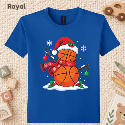 Christmas Basketball Snowman T-Shirt, Santa Hat and Scarf Holiday Sports Graphic Tee